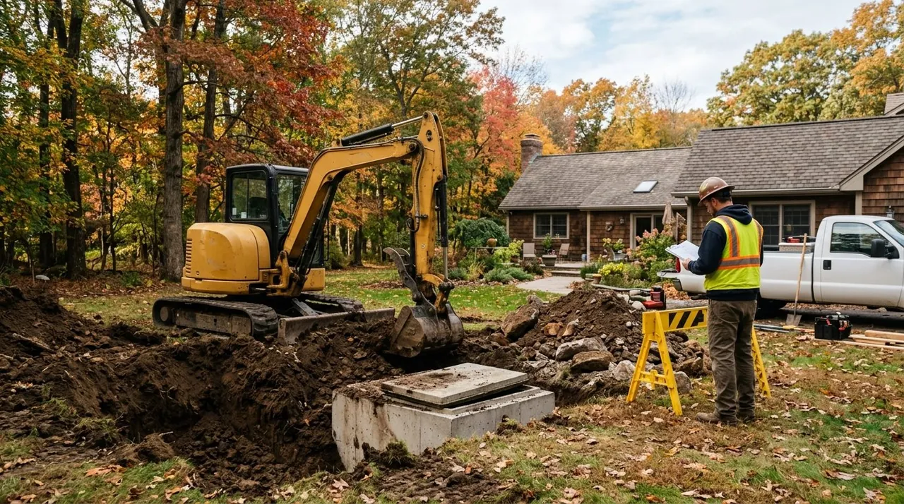 Excavator digging a pit during septic system installation in Greenville on a clear fall morning.