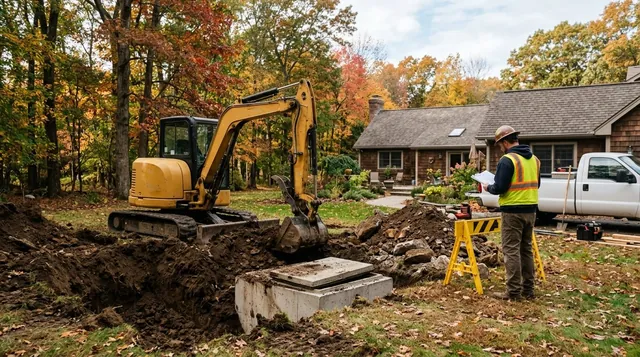 Excavator digging a pit during septic system installation in Greenville on a clear fall morning.