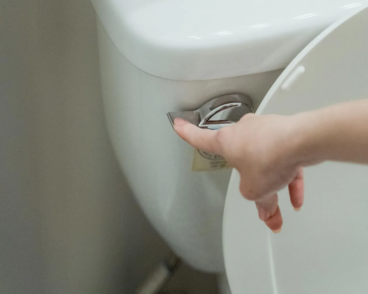 Hand pressing the flush button on a toilet