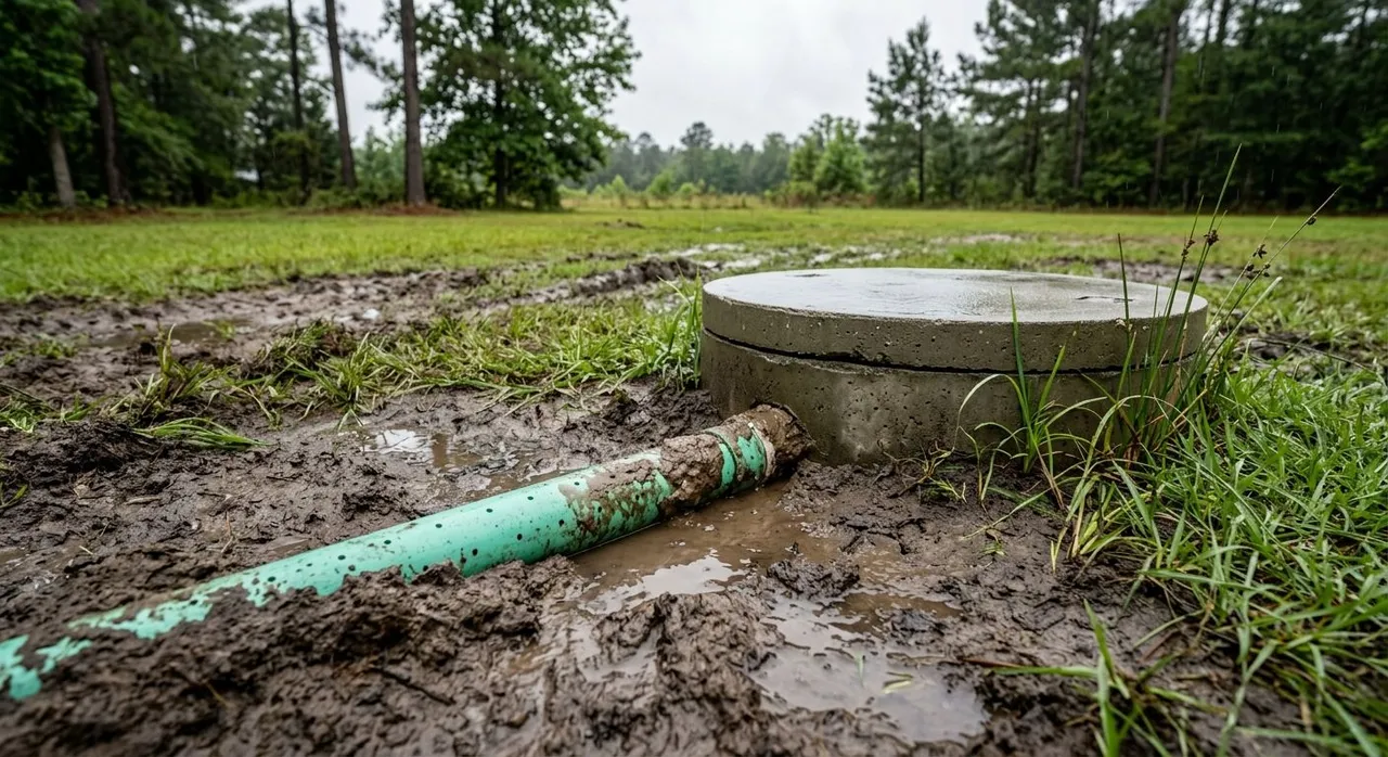 Septic tank lid and drain pipe in a waterlogged yard