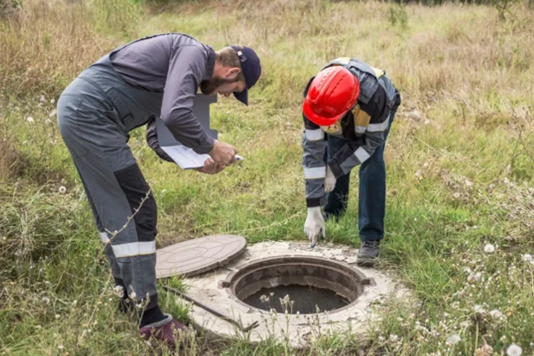 Two workers in uniforms inspect an open utility manhole in a grassy field. septic tank inspection service in Greenville, NC